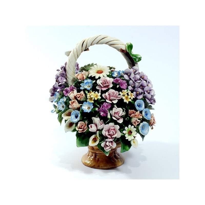 CESTO CENTROTAVOLA CON MANICO DECORATO CON FIORI DI CAMPO ASSORTITI