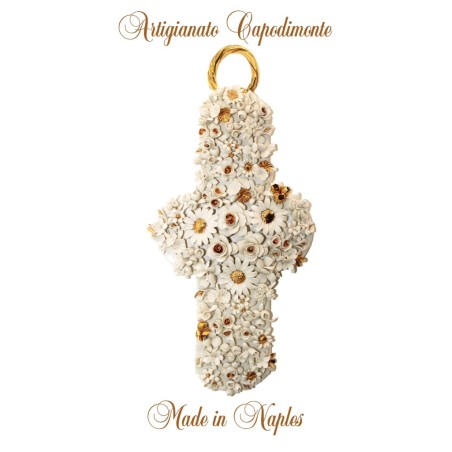 CROCE DA MURO DECORATA CON MICRO FIORELLINI ASSORTITI BIANCHI E ORO